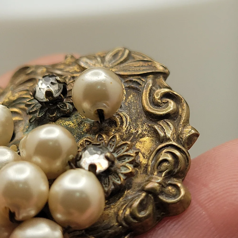 Vintage Art Nouveau Brass Faux Cluster Pearl Sterling Clip-On Earrings *AS-IS* - Picture 10 of 15